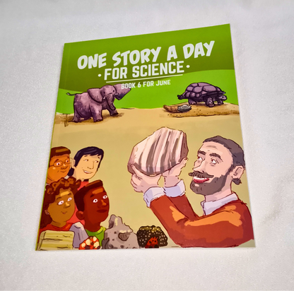 Book titled 'One Story a Day for Science' with illustrations on a white background