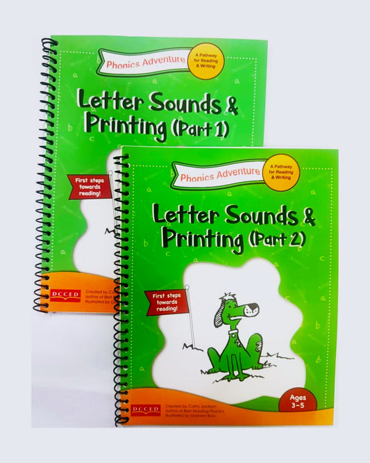 Two educational books titled 'Letter Sounds & Printing (Part 1)' and 'Letter Sounds & Printing (Part 2)' on a white background.