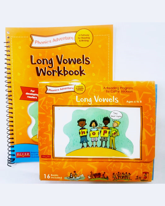 Two 'Long Vowels Workbook' books on a white background