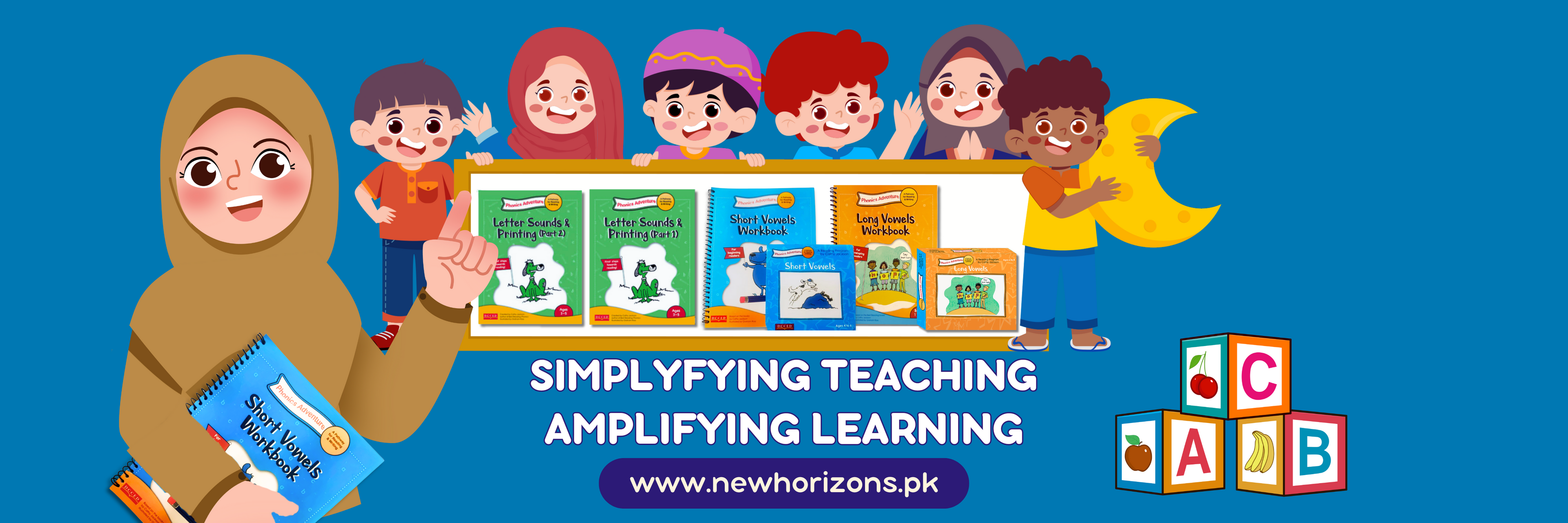 Cartoon characters holding educational books with a woman in a hijab, promoting 'New Horizons' educational resources.