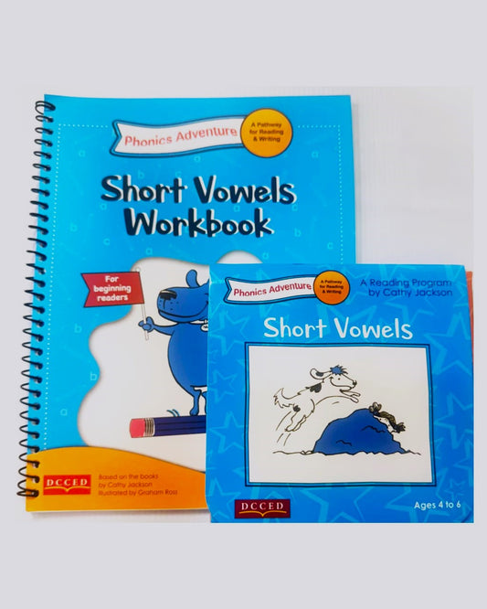 Two blue workbooks titled 'Short Vowels Workbook' on a white background