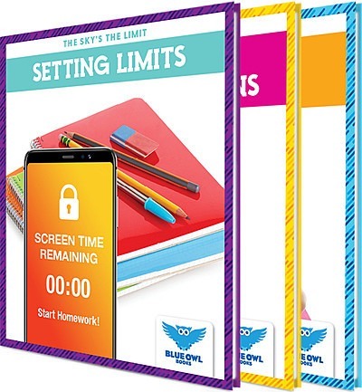 Product packaging for a screen time management device with a smartphone app interface and Blueowl Kids branding.
