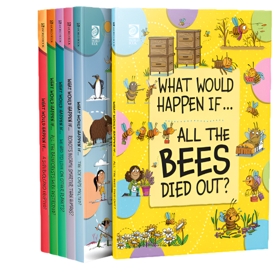 Set of children's books titled 'What Would Happen If All the Bees Died Out?' with colorful covers.