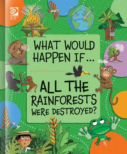Book cover of 'What Would Happen If... All the Rainforests Were Destroyed?' with illustrations of animals and nature.