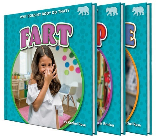 Three books titled 'FART', 'POOP', and 'PEE' with a girl covering her mouth on the cover of 'FART'.
