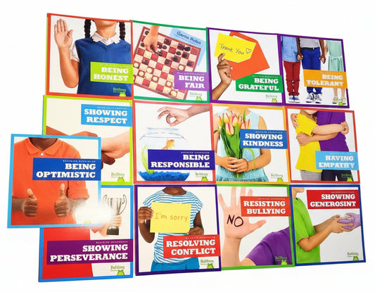 Educational posters on a table with various life skills topics.