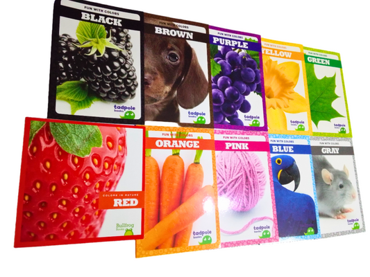 Color swatch cards with various colors and images on a white background