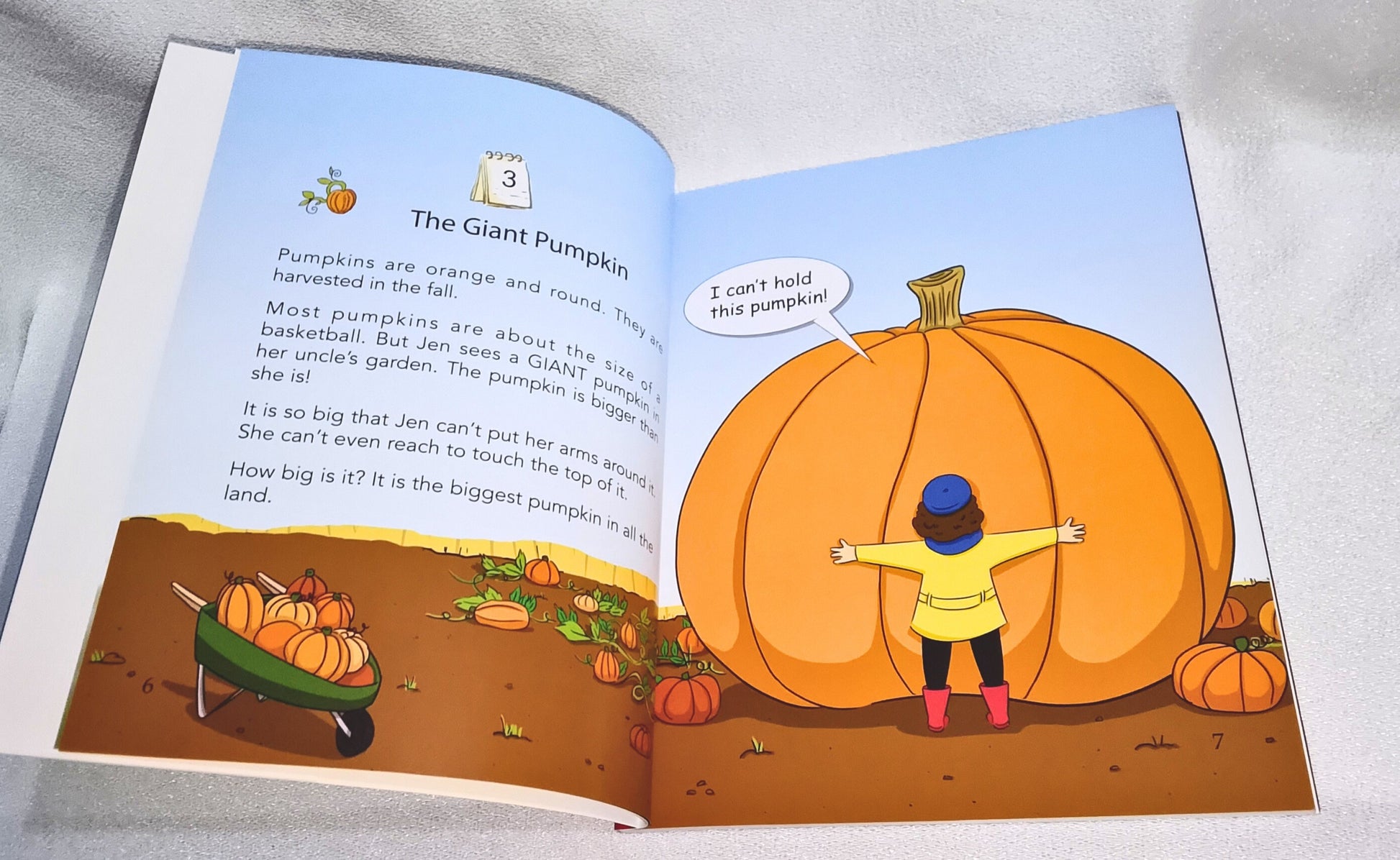 Open book showing a children's story about a giant pumpkin with illustrations and text.