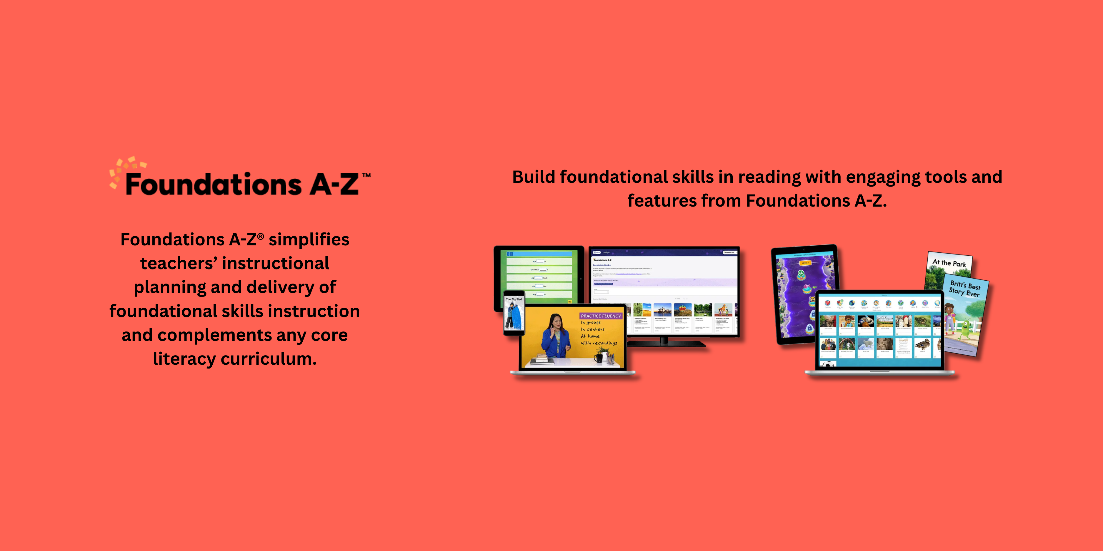 Advertisement for Foundations A-Z educational tools on a red background with digital devices displaying content.