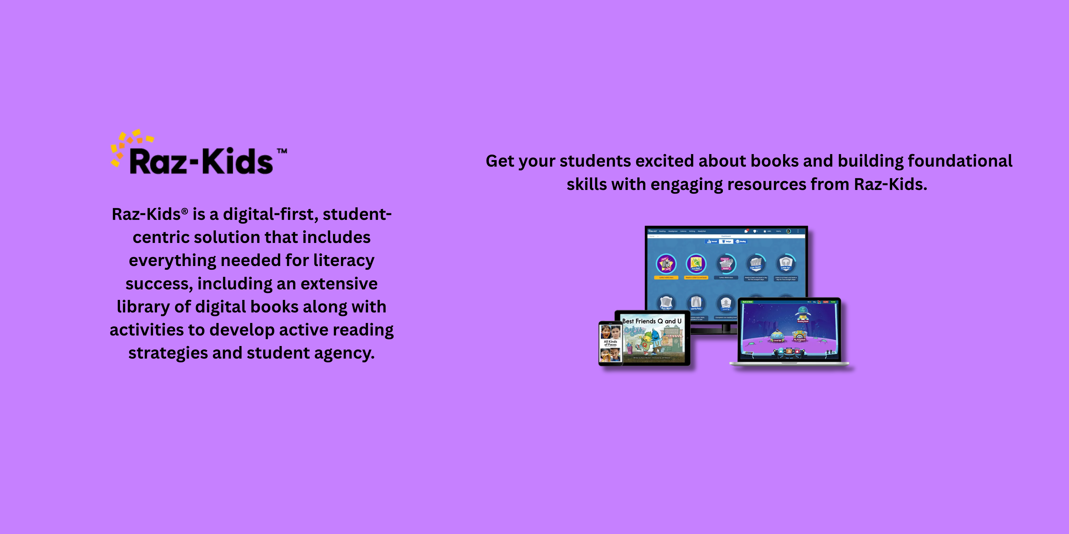Promotional graphic for Raz-Kids on a purple background with text and images of educational software.