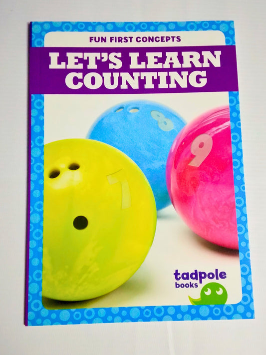 Book titled 'Let's Learn Counting' with a yellow tadpole character on a white background