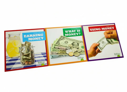 Educational booklets on money with images of a jar, money, and hands holding money.