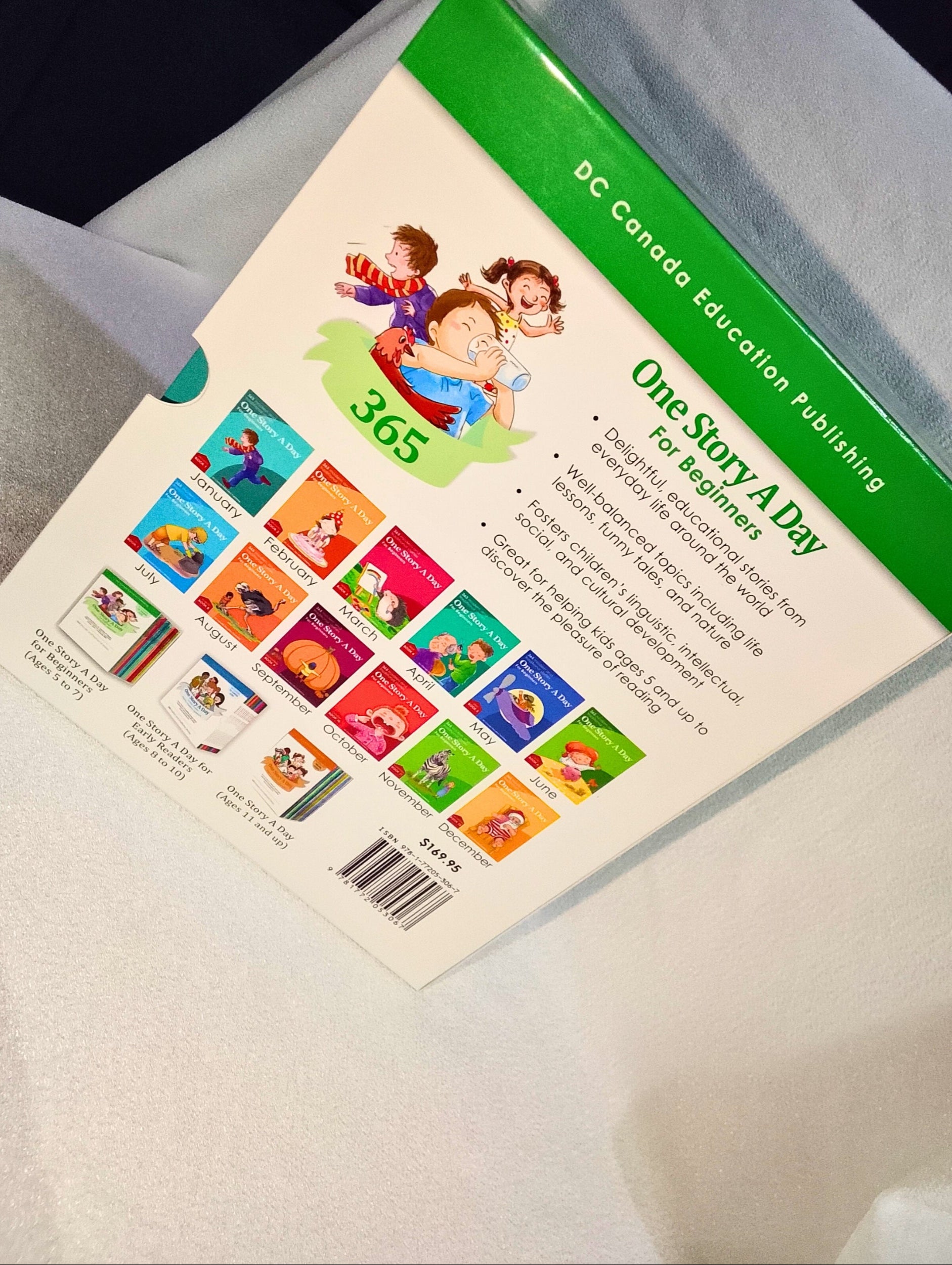 Product packaging with colorful icons and text on a white surface