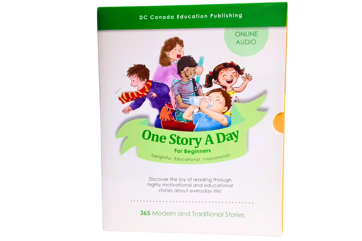 Book titled 'One Story A Day' for beginners with a cover featuring children and a teacher.