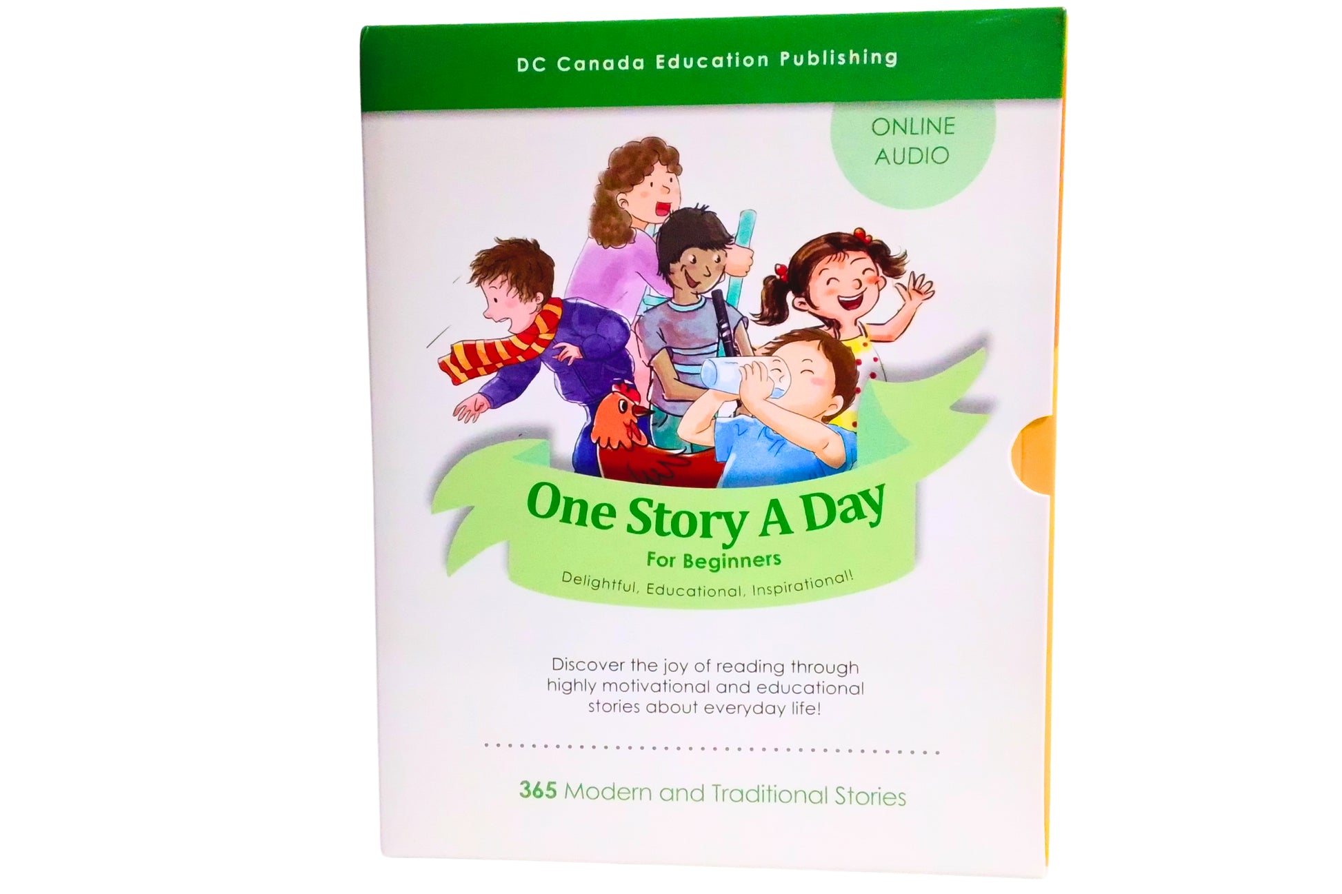 Book titled 'One Story A Day' for beginners with a cover featuring children and a teacher.
