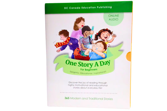 Book titled 'One Story A Day' for beginners with a cover featuring children and a teacher.