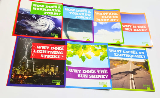 Educational brochures on various natural phenomena on a white surface