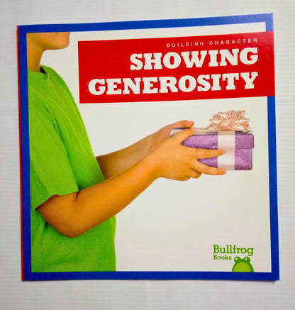 Book cover titled 'Showing Generosity' by Bullfrog Books with a person holding a gift.