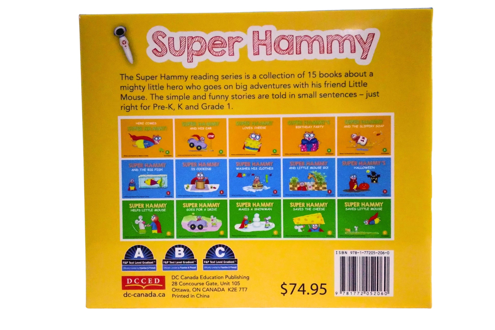 Super Hammy reading series book collection with colorful covers and text on a yellow background