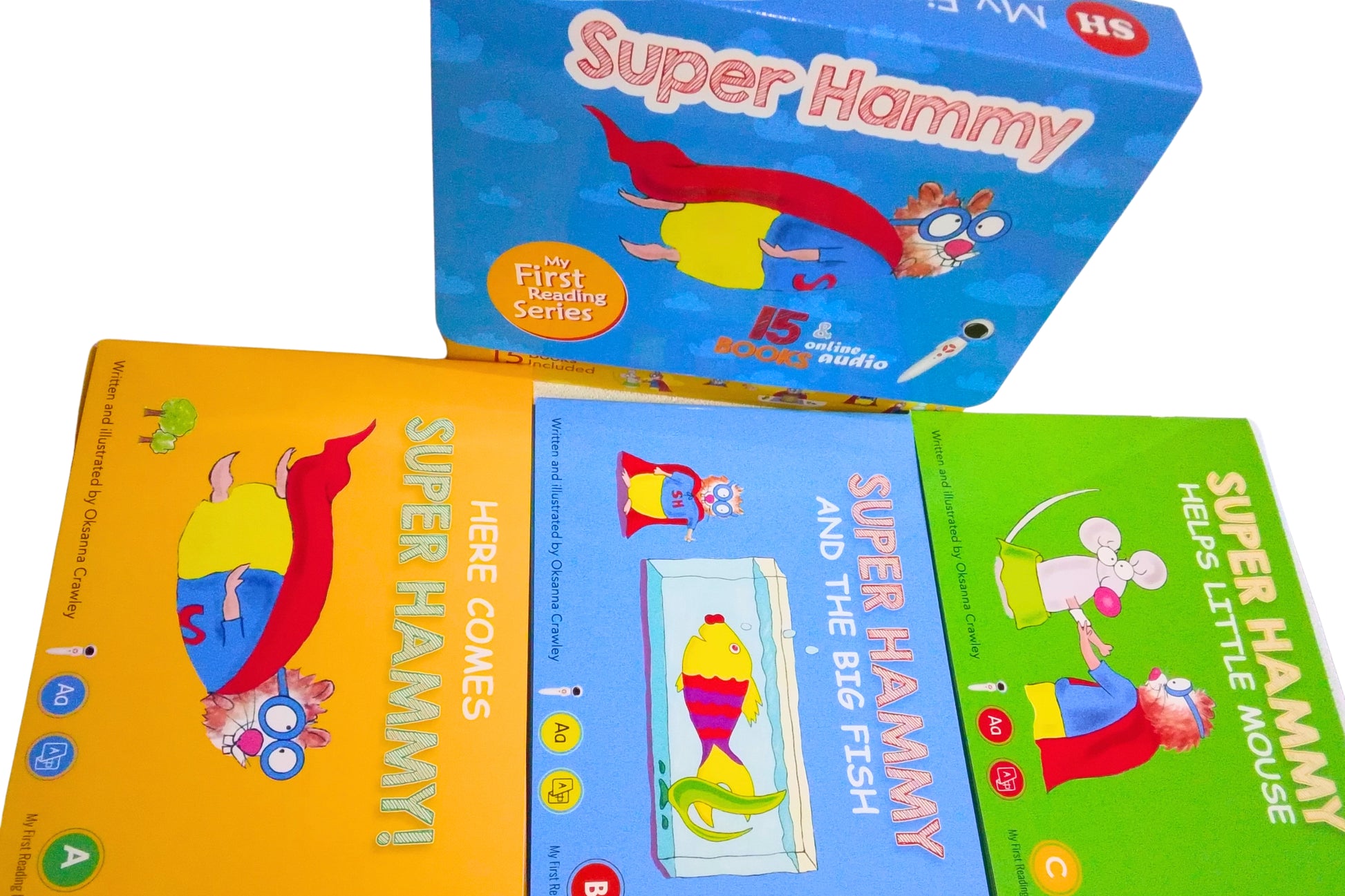 Super Hammy children's book series with colorful covers and a blue box on a white background